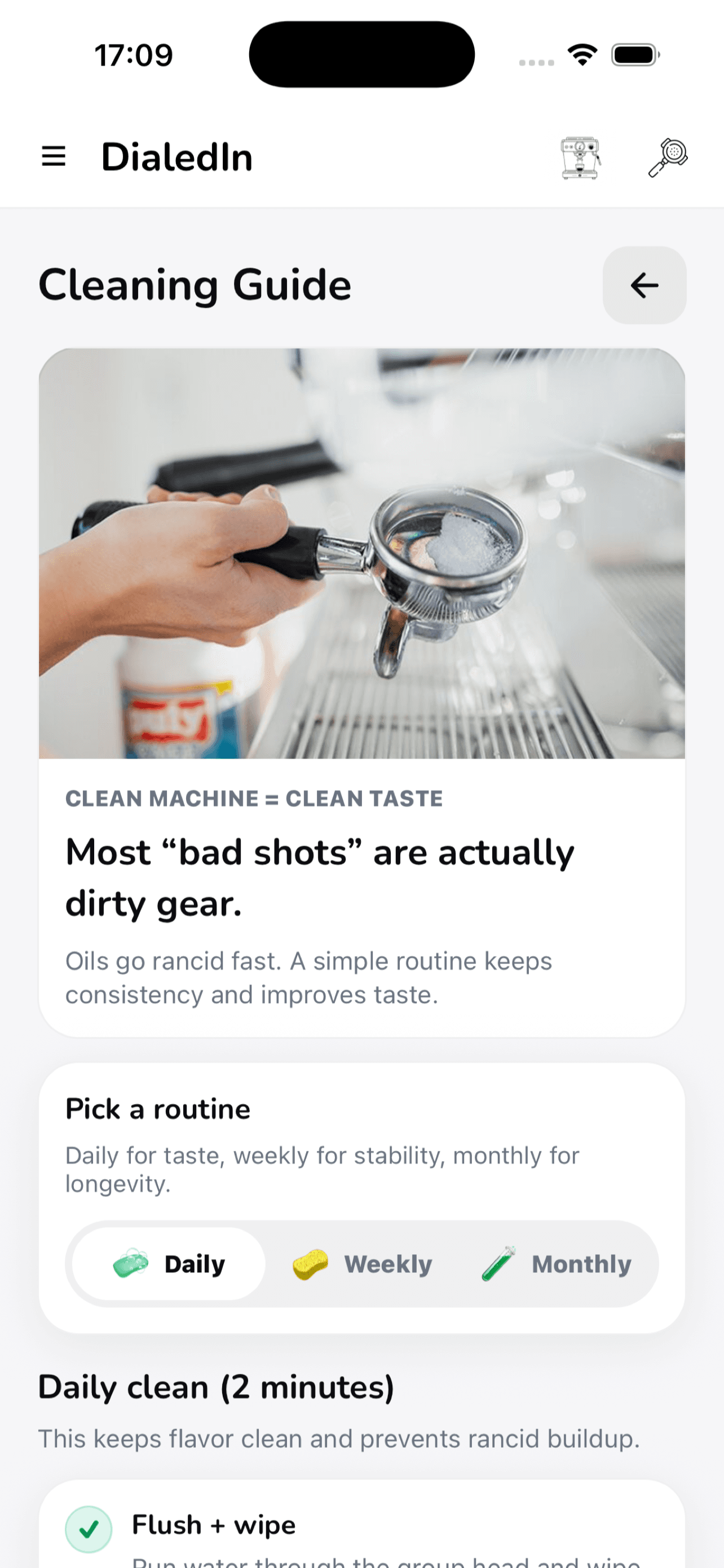 DialedIn cleaning guide with daily, weekly, and monthly routines