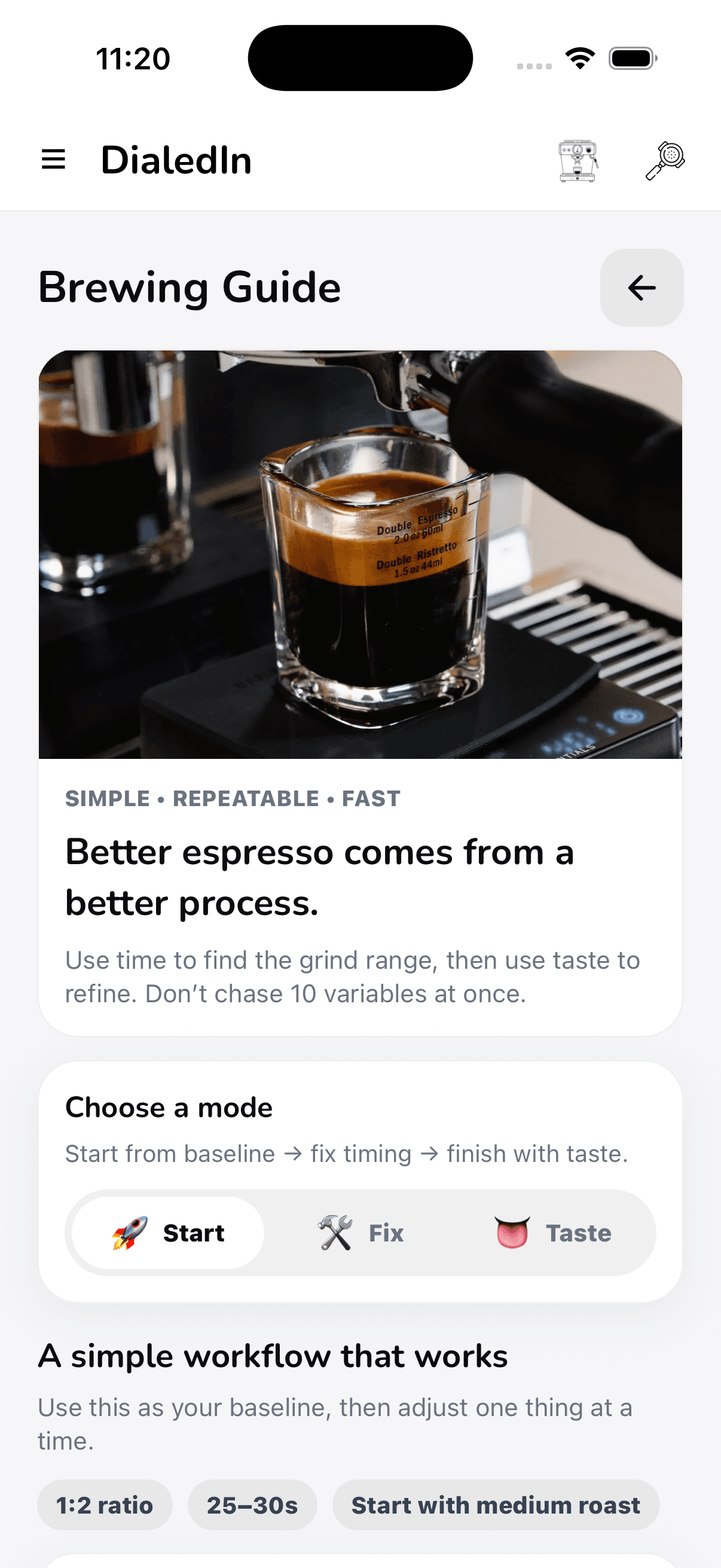 DialedIn brewing guide showing a repeatable espresso workflow
